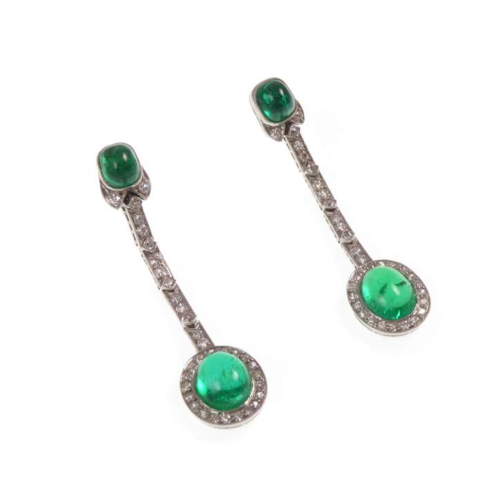 Pair of cabochon emerald and diamond cluster pendant earrings